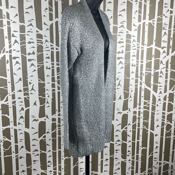 Silver Metallic Painted Wool Blend Longline Open Front Cardigan Sweater S - Picture 3 of 8